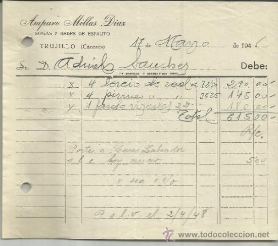 Alte Rechnungen: FACTURA DE AMPARO MILLAS D&Iacute;AZ. SOGAS Y REDES DE ESPARTO. TRUJILLO. C&Aacute;CERES. 1948