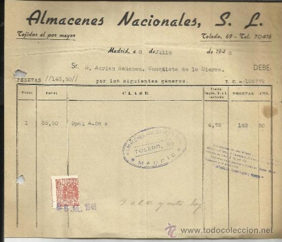 Alte Rechnungen: FACTURA DE ALMACENES NACIONALES, S.L. TEJIDOS AL POR MAYOR. MADRID. 1948