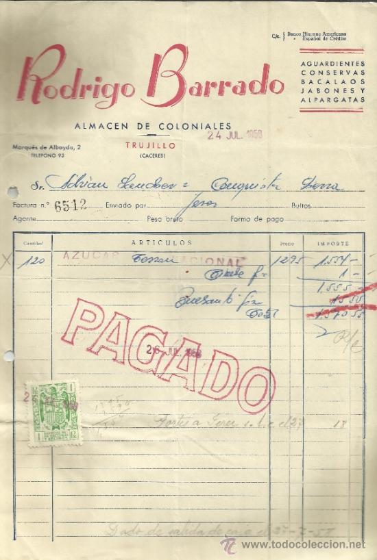 Alte Rechnungen: FACTURA DE RODRIGO BARRADO. ALMAC&Eacute;N DE COLONIALES. TRUJILLO. C&Aacute;CERES. 1958