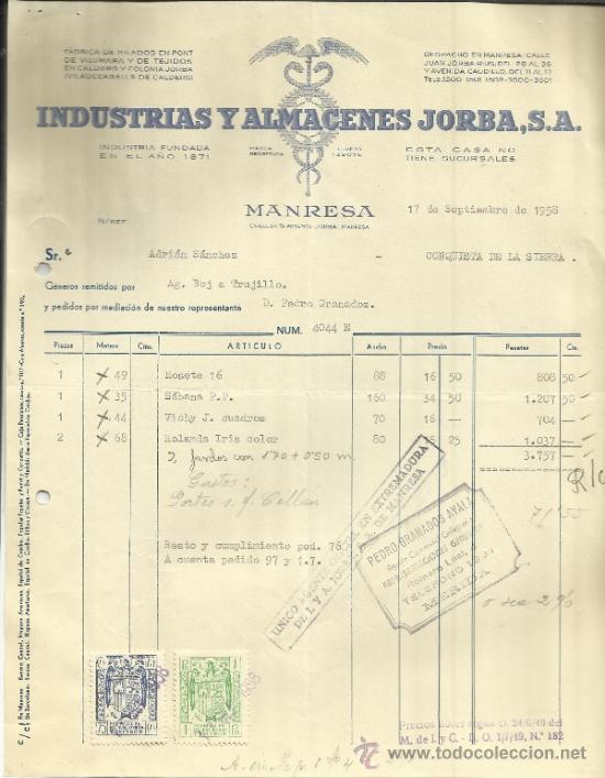 Alte Rechnungen: FACTURA DE INDUSTRIAS Y ALMACENES JORBA, S.A. MANRESA. BARCELONA. 1958
