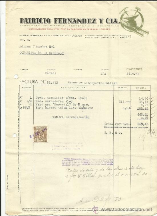 Alte Rechnungen: FACTURA DE PATRICIO FERN&Aacute;NDEZ Y COMPA&Ntilde;&Iacute;A. ALMAC&Eacute;N DE HIERROS. C&Aacute;CERES. 1955
