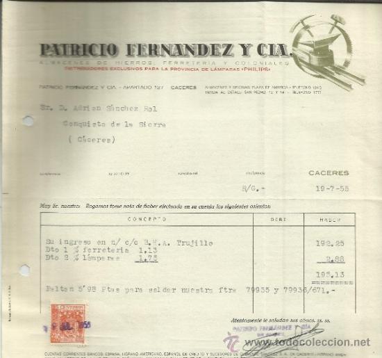 Alte Rechnungen: FACTURA DE PATRICIO FERN&Aacute;NDEZ Y COMPA&Ntilde;&Iacute;A. ALMAC&Eacute;N DE HIERROS. C&Aacute;CERES. 1955