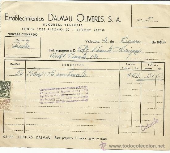 Fatture antiche: FACTURA DE ESTABLECIMIENTOS DALMAU OLIVERES, S.A. VALENCIA. 1960