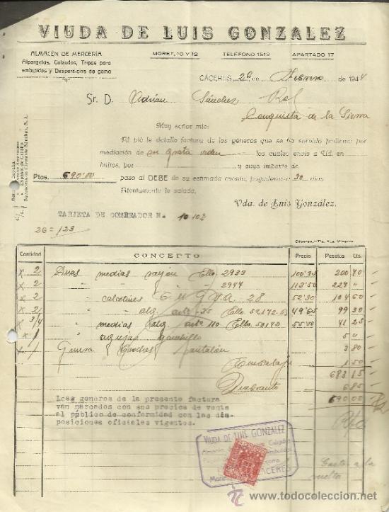 Fatture antiche: FACTURA DE VIUDA DE LUIS GONZ&Aacute;LEZ. ALMAC&Eacute;N DE MERCER&Iacute;A. C&Aacute;CERES. 1944