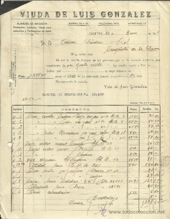 Fatture antiche: FACTURA DE VIUDA DE LUIS GONZ&Aacute;LEZ. ALMAC&Eacute;N DE MERCER&Iacute;A. C&Aacute;CERES. 1944