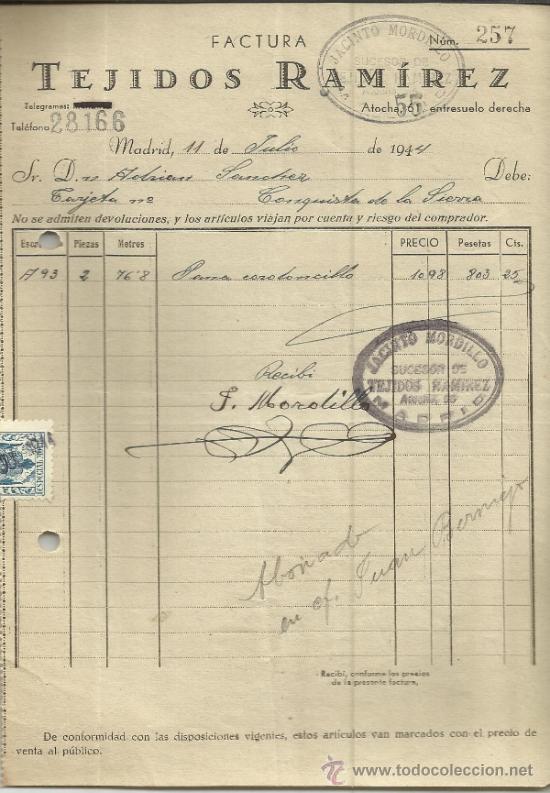 Fatture antiche: FACTURA DE TEJIDOS RAM&Iacute;REZ. MADRID. 1944
