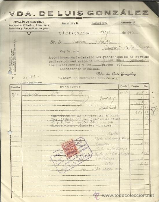 Fatture antiche: FACTURA DE VIUDA DE LUIS GONZ&Aacute;LEZ. ALMAC&Eacute;N DE PAQUETER&Iacute;A. C&Aacute;CERES. 1945