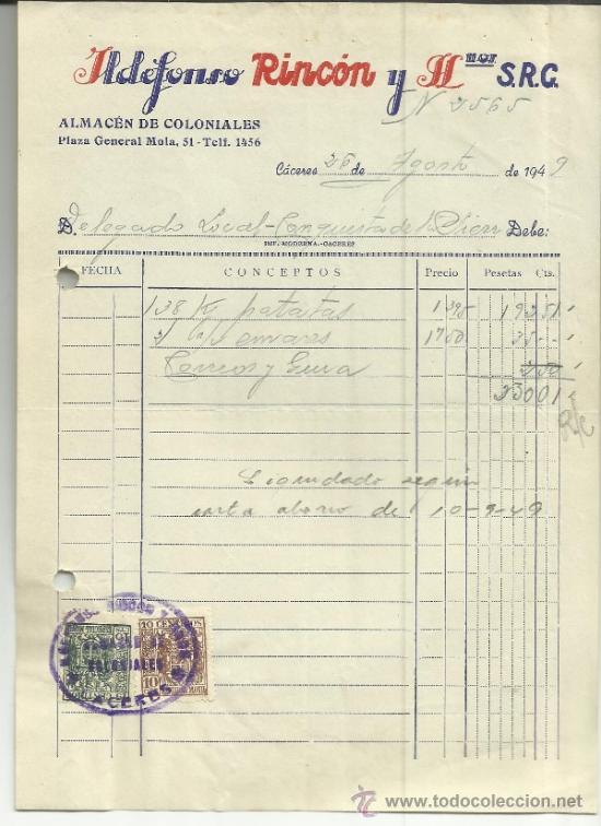 Fatture antiche: FACTURA DE IDELFONSO RINC&Oacute;N Y HNOS. ALMAC&Eacute;N DE COLONIALES. C&Aacute;CERES. 1942