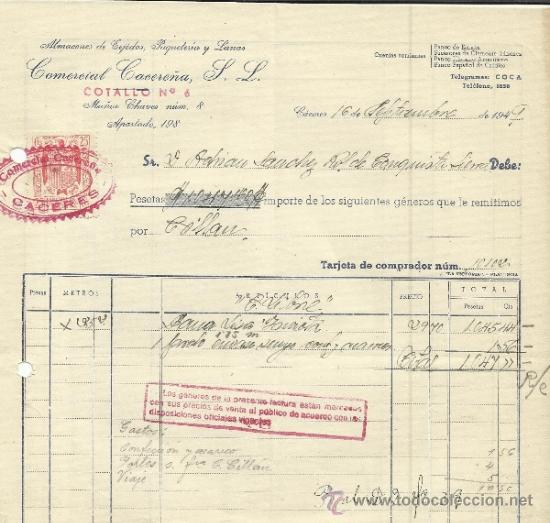 Fatture antiche: FACTURA DE COMERCIAL CACERE&Ntilde;A. S.L. ALMACENES DE TEJIDOS. C&Aacute;CERES. 1949