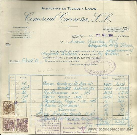 Fatture antiche: FACTURA DE COMERCIAL CACERE&Ntilde;A, S.L. ALMAC&Eacute;N DE TEJIDOS Y LANAS. C&Aacute;CERES. 1958