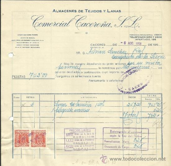 Fatture antiche: FACTURA DE COMERCIAL CACERE&Ntilde;A, S.L. ALMAC&Eacute;N DE TEJIDOS Y LANAS. C&Aacute;CERES. 1958