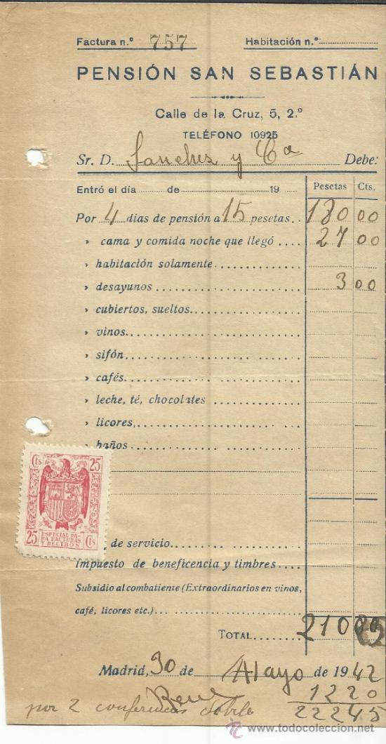 Fatture antiche: FACTURA DE PENSI&Oacute;N SAN SEBASTI&Aacute;N. MADRID. 1942