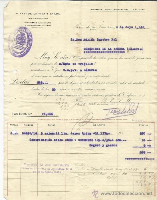 Fatture antiche: FACTURA DE M. ANT&ordm;. DE LA RIVA Y C&ordf;. COSECHEROS ALMACENISTAS. JEREZ DE LA FRONTERA. C&Aacute;DIZ. 1942