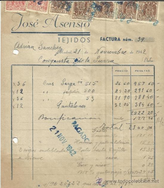 Fatture antiche: FACTURA DE JOS&Eacute; ASENSIO. TEJIDOS. MADRID. 1942