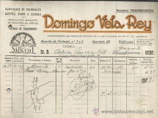 Fatture antiche: FACTURA DE DOMINGO VELA REY. ALMAC&Eacute;N DE COLONIALES. C&Aacute;CERES. 1942