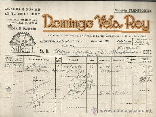 Fatture antiche: FACTURA DE DOMINGO VELA REY. ALMAC&Eacute;N DE COLONIALES. C&Aacute;CERES. 1942