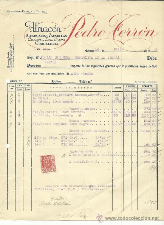 Alte Rechnungen: FACTURA DE PEDRO FERR&Oacute;N. ALMAC&Eacute;N DE ALPARGATAS Y ZAPATILLAS. C&Aacute;CERES. 1948
