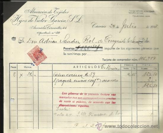 Factures anciennes: FACTURA DE HIJOS DE VICTOR GARC&Iacute;A. ALMAC&Eacute;N DE TEJIDOS. C&Aacute;CERES. 1948