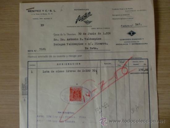 Factures anciennes: FACTURA. DE BENITEZ Y CIA, S. L. AUTOMOVILES AUSTIN. 1956.