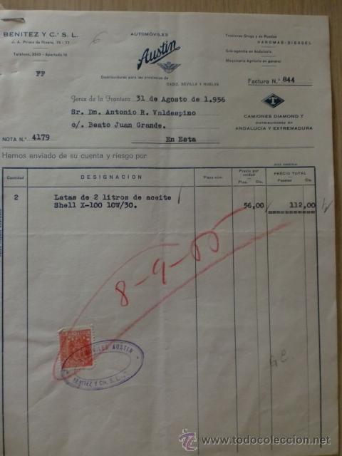 Factures anciennes: FACTURA. DE BENITEZ Y CIA, S. L. AUTOMOVILES AUSTIN. 1956.