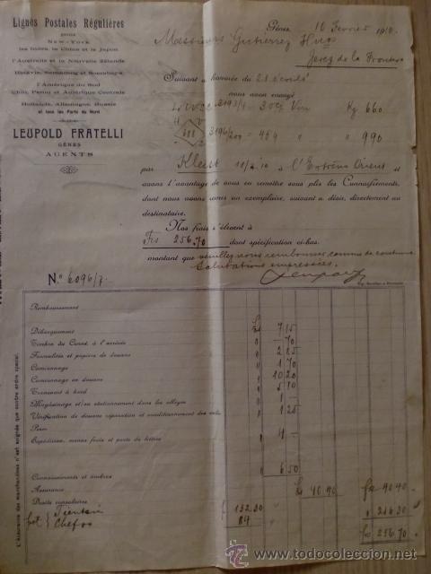 Factures anciennes: FACTURA. DE LEUPOLD FRATELLI. AGENTS. LIGNES POSTALES REGULIERES. GENOVA 1910.