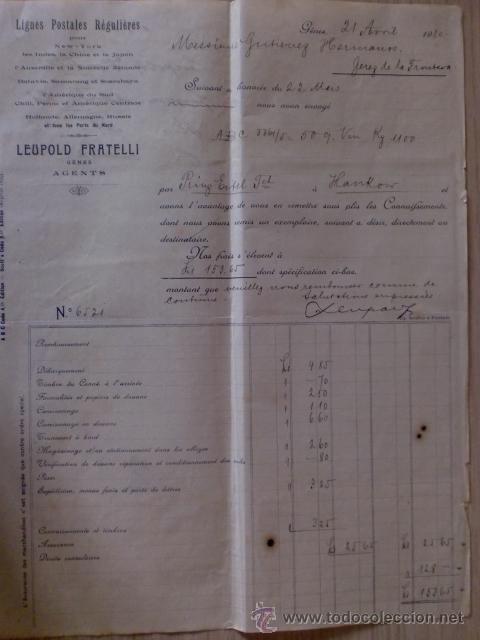 Factures anciennes: FACTURA. DE LEUPOLD FRATELLI. AGENTS. LIGNES POSTALES REGULIERES. GENOVA 1910.