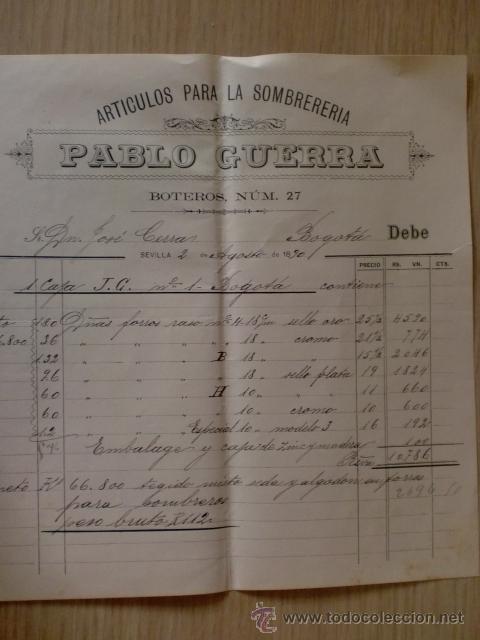 Factures anciennes: FACTURA. DE PABLO GUERRA. ARTICULOS PARA LA SOMBRERERIA. SEVILLA 1890.