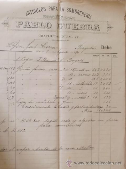 Factures anciennes: FACTURA. DE PABLO GUERRA. ARTICULOS PARA LA SOMBRERERIA. SEVILLA 1890.