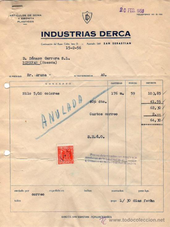 Factures anciennes: FACTURA DE INDUSTRIAS DERCA. FABRICA DE ARTICULOS DE GOMA Y EBONITA PLASTICOS. SAN SEBASTIAN. 1956.