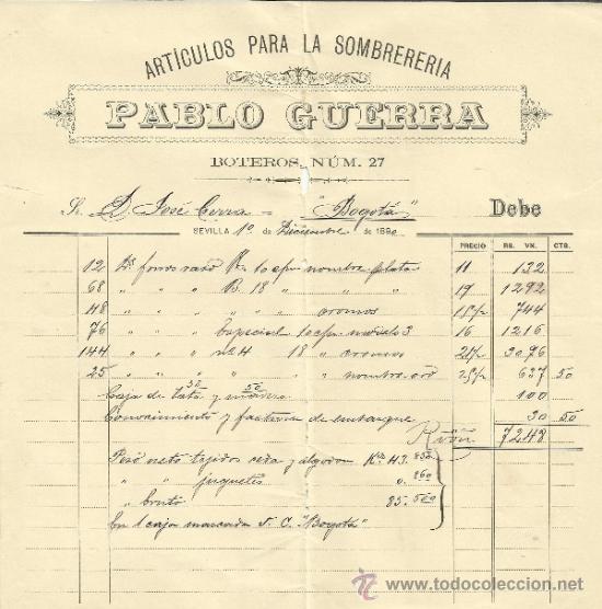 Factures anciennes: FACTURA DE PABLO GUERRA. ART&Iacute;CULOS PARA LA SOMBRERERIA. SEVILLA. 1890