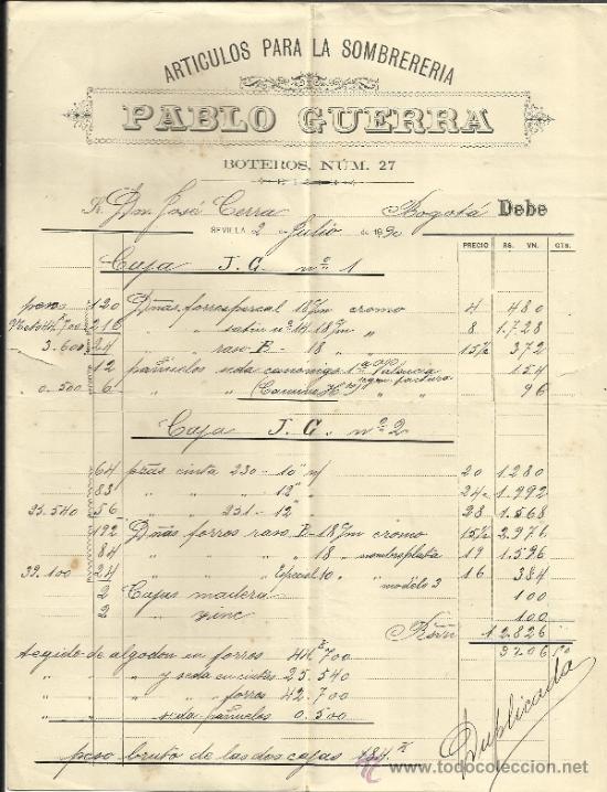 Factures anciennes: FACTURA DE PABLO GUERRA. ART&Iacute;CULOS PARA LA SOMBRERERIA. SEVILLA. 1890