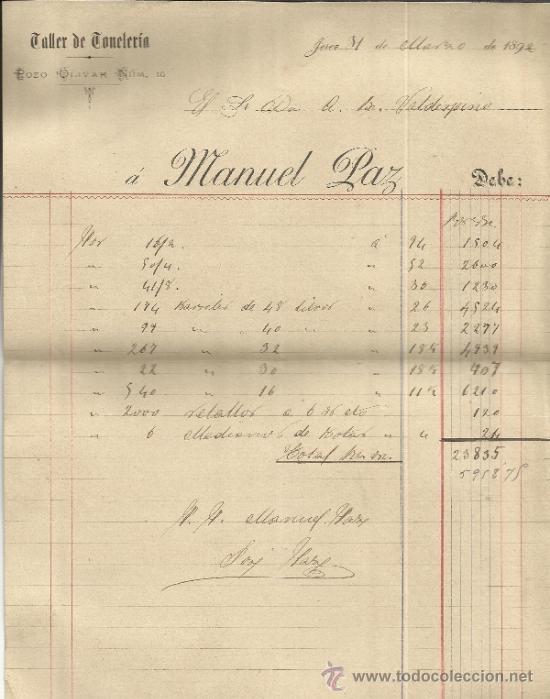 Factures anciennes: FACTURA DE MANUEL PAZ. TALLER DE TONELER&Iacute;A. JEREZ DE LA FRONTERA. C&Aacute;DIZ. 1892