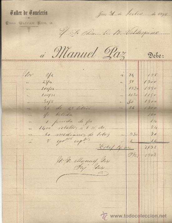 Factures anciennes: FACTURA DE MANUEL PAZ. TALLER DE TONELER&Iacute;A. JEREZ DE LA FRONTERA. C&Aacute;DIZ. 1892