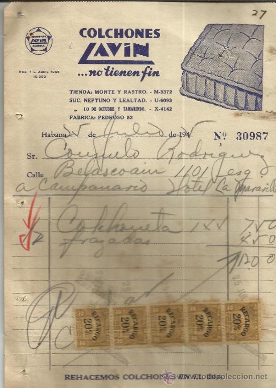 Factures anciennes: FACTURA DE COLCHONES LAVIN. HABANA. CUBA. 1945