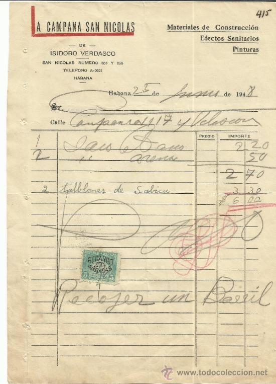 Factures anciennes: FACTURA DE LA CAMPANA SAN NICOL&Aacute;S. ISIDORO VERDASCO. HABANA. CUBA. 1948