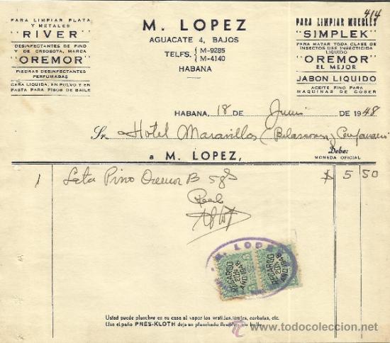 Factures anciennes: FACTURA DE M. L&Oacute;PEZ. LIMPIEZA DE METALES &rdquo;RIVER&rdquo;. HABANA. CUBA. 1948