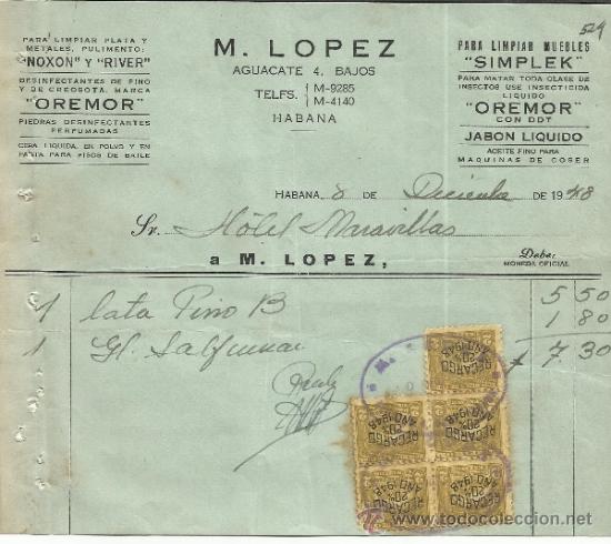 Factures anciennes: FACTURA DE M. L&Oacute;PEZ. LIMPIEZA DE METALES &rdquo;RIVER&rdquo; Y &rdquo;NOXON&rdquo;. HABANA. CUBA. 1948