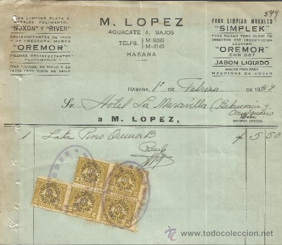 Factures anciennes: FACTURA DE M. L&Oacute;PEZ. LIMPIEZA DE METALES &rdquo;RIVER&rdquo; Y &rdquo;NOXON&rdquo;. HABANA. CUBA. 1949