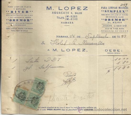 Factures anciennes: FACTURA DE M. L&Oacute;PEZ. LIMPIEZA DE METALES &rdquo;RIVER&rdquo;. HABANA. CUBA. 1949