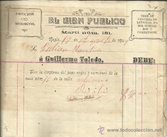 Factures anciennes: FACTURA DE EL BIEN P&Uacute;BLICO. TREN DE LIMPIEZA DE LETRIANAS Y POZOS. REGLA. LA HABANA. CUBA. 1904