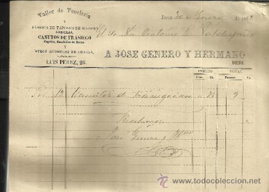 Facturas antiguas: FACTURA DE A. JOS&Eacute; GENERO Y HERMANO. TALLER DE TONELER&Iacute;A. JEREZ DE LA FRONTERA. C&Aacute;DIZ. 1892