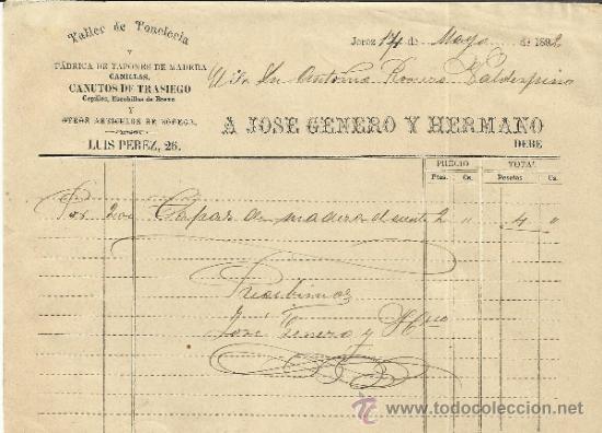 Facturas antiguas: FACTURA DE A. JOS&Eacute; GENERO Y HERMANO. TALLER DE TONELER&Iacute;A. JEREZ DE LA FRONTERA. C&Aacute;DIZ. 1892