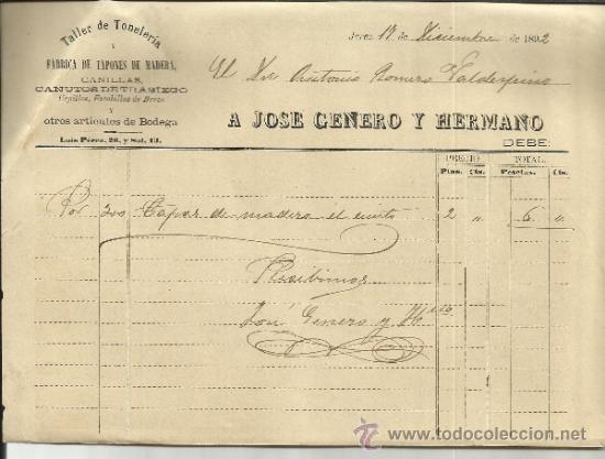 Facturas antiguas: FACTURA DE A. JOS&Eacute; GENERO Y HERMANO. TALLER DE TONELER&Iacute;A. JEREZ DE LA FRONTERA. C&Aacute;DIZ. 1892