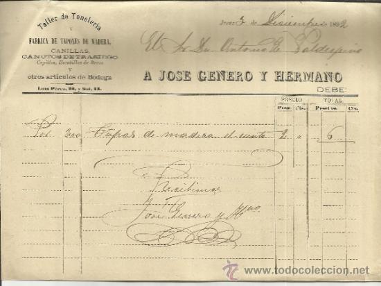 Facturas antiguas: FACTURA DE A. JOS&Eacute; GENERO Y HERMANO. TALLER DE TONELER&Iacute;A. JEREZ DE LA FRONTERA. C&Aacute;DIZ. 1892