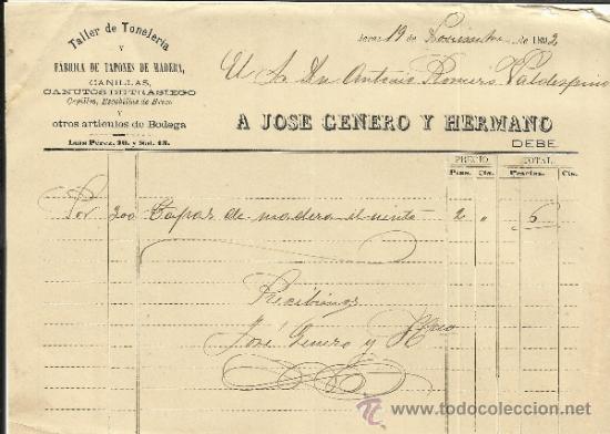 Facturas antiguas: FACTURA DE A. JOS&Eacute; GENERO Y HERMANO. TALLER DE TONELER&Iacute;A. JEREZ DE LA FRONTERA. C&Aacute;DIZ. 1892