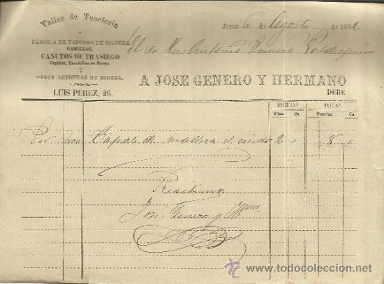 Facturas antiguas: FACTURA DE A. JOS&Eacute; GENERO Y HERMANO. TALLER DE TONELER&Iacute;A. JEREZ DE LA FRONTERA. C&Aacute;DIZ. 1892