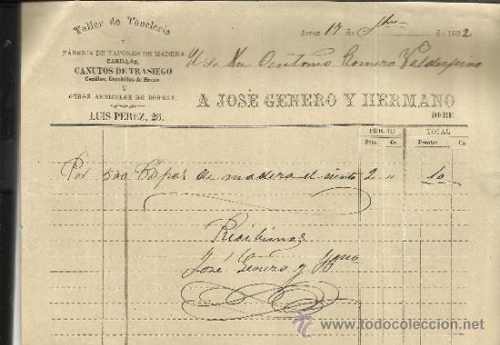 Facturas antiguas: FACTURA DE A. JOS&Eacute; GENERO Y HERMANO. TALLER DE TONELER&Iacute;A. JEREZ DE LA FRONTERA. C&Aacute;DIZ. 1892