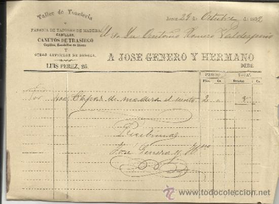Facturas antiguas: FACTURA DE A. JOS&Eacute; GENERO Y HERMANO. TALLER DE TONELER&Iacute;A. JEREZ DE LA FRONTERA. C&Aacute;DIZ. 1892
