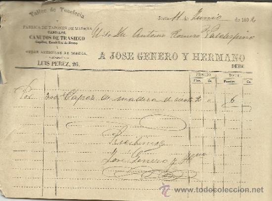 Facturas antiguas: FACTURA DE A. JOS&Eacute; GENERO Y HERMANO. TALLER DE TONELER&Iacute;A. JEREZ DE LA FRONTERA. C&Aacute;DIZ. 1892