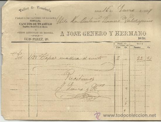 Facturas antiguas: FACTURA DE A. JOS&Eacute; GENERO Y HERMANO. TALLER DE TONELER&Iacute;A. JEREZ DE LA FRONTERA. C&Aacute;DIZ. 1891
